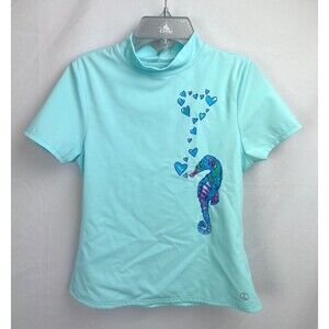 Lands’ End Girl L 14 Blue Short Sleeve Swim Suit Rash Guard Shirt Seahorse